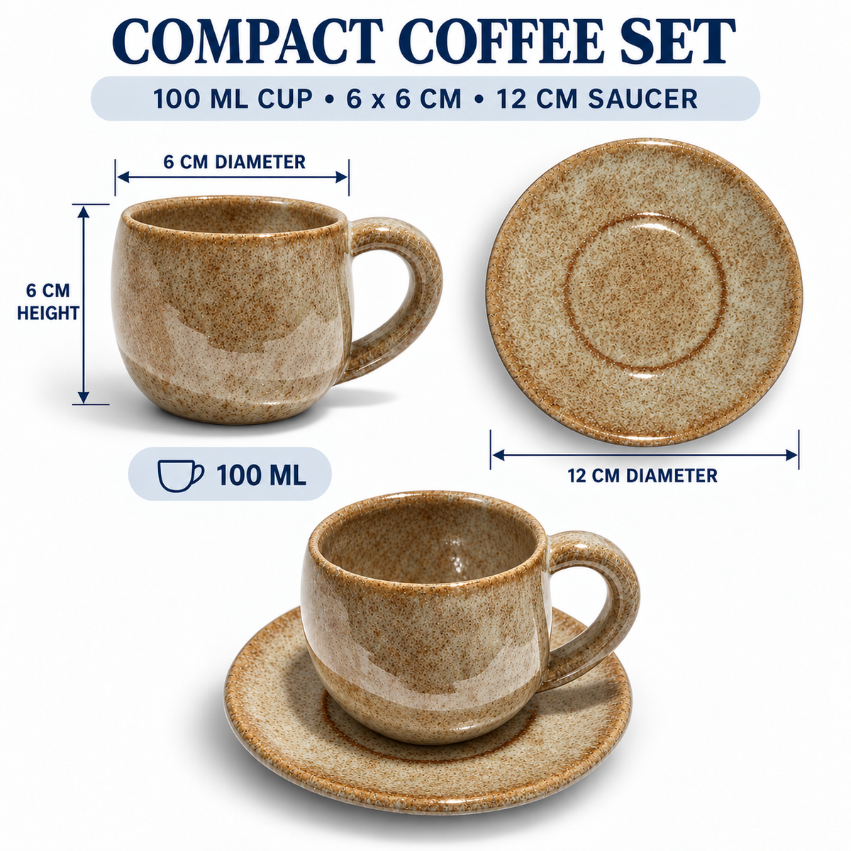 Compact coffee set with a 100 ml cup, 6 x 6 cm saucer, and 12 cm saucer shown on a white background with dimension labels and text reading 'COMPACT COFFEE SET'.