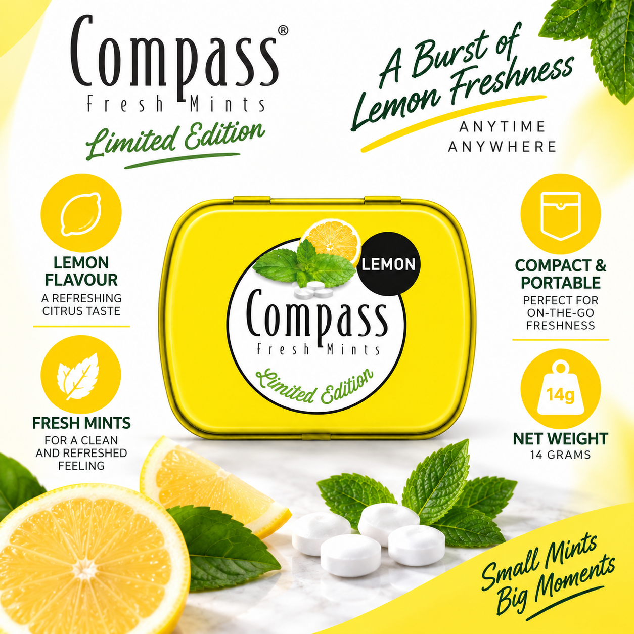 Compass Lemon Sugar Free Mints - 14 gm