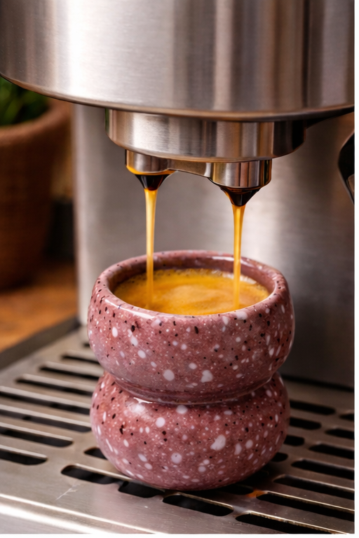 Espresso being poured into a speckled ceramic cup from an espresso machine.
