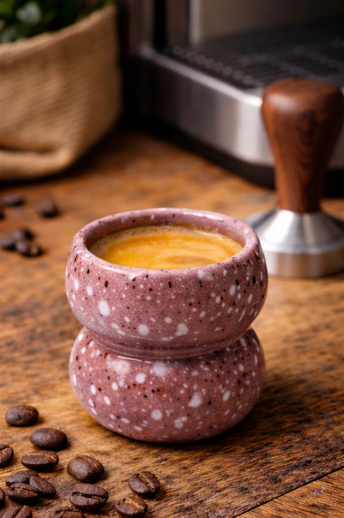 Stacked ceramic cups with a small amount of coffee on a wooden surface with coffee beans and a coffee machine in the background.