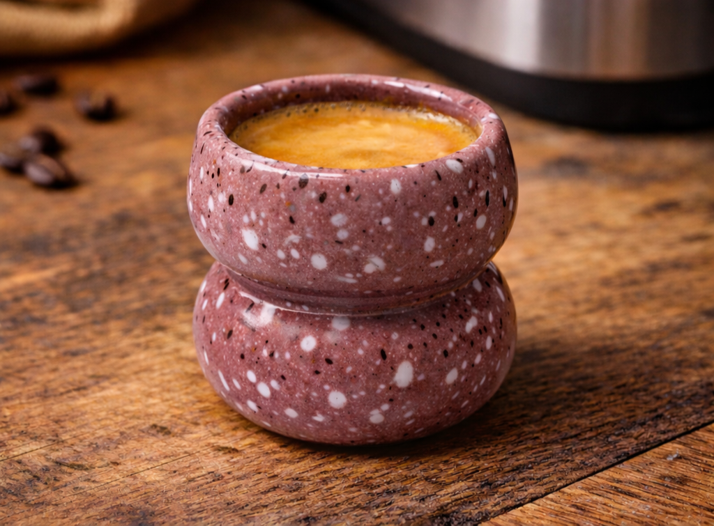 Small ceramic bowl with a textured surface containing a yellowish substance on a wooden surface.