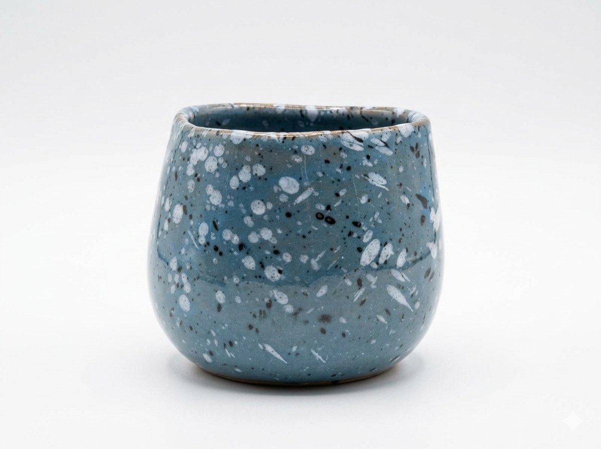 Blue speckled ceramic cup on a white background