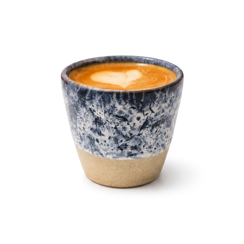 Speckled blue and beige ceramic cup with a heart-shaped latte art on a white background