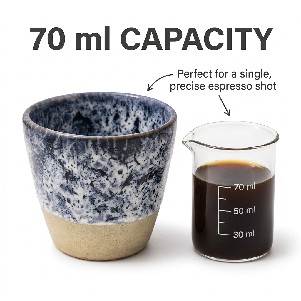 Ceramic cup and glass with espresso next to each other, labeled '70 ml capacity'.
