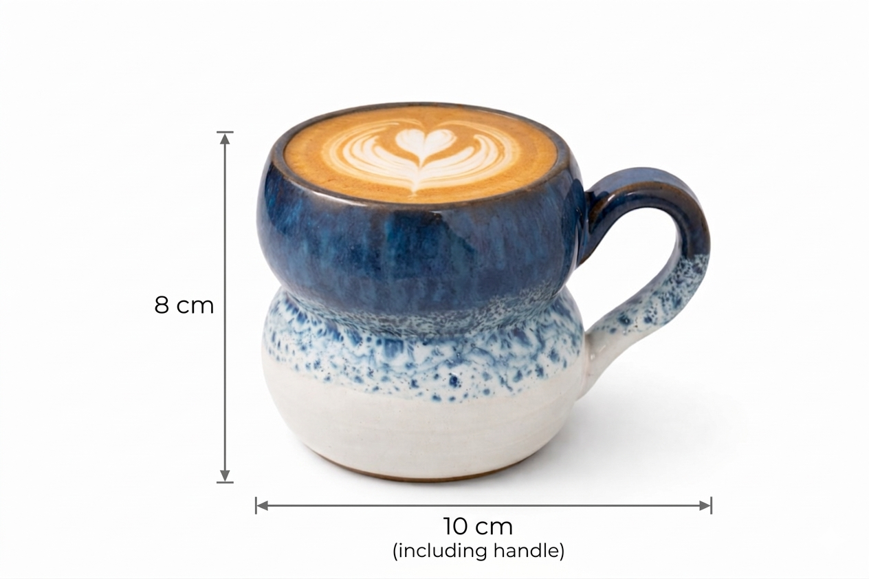 Blue ceramic mug with a heart-shaped design on latte art, shown with dimensions on a white background.