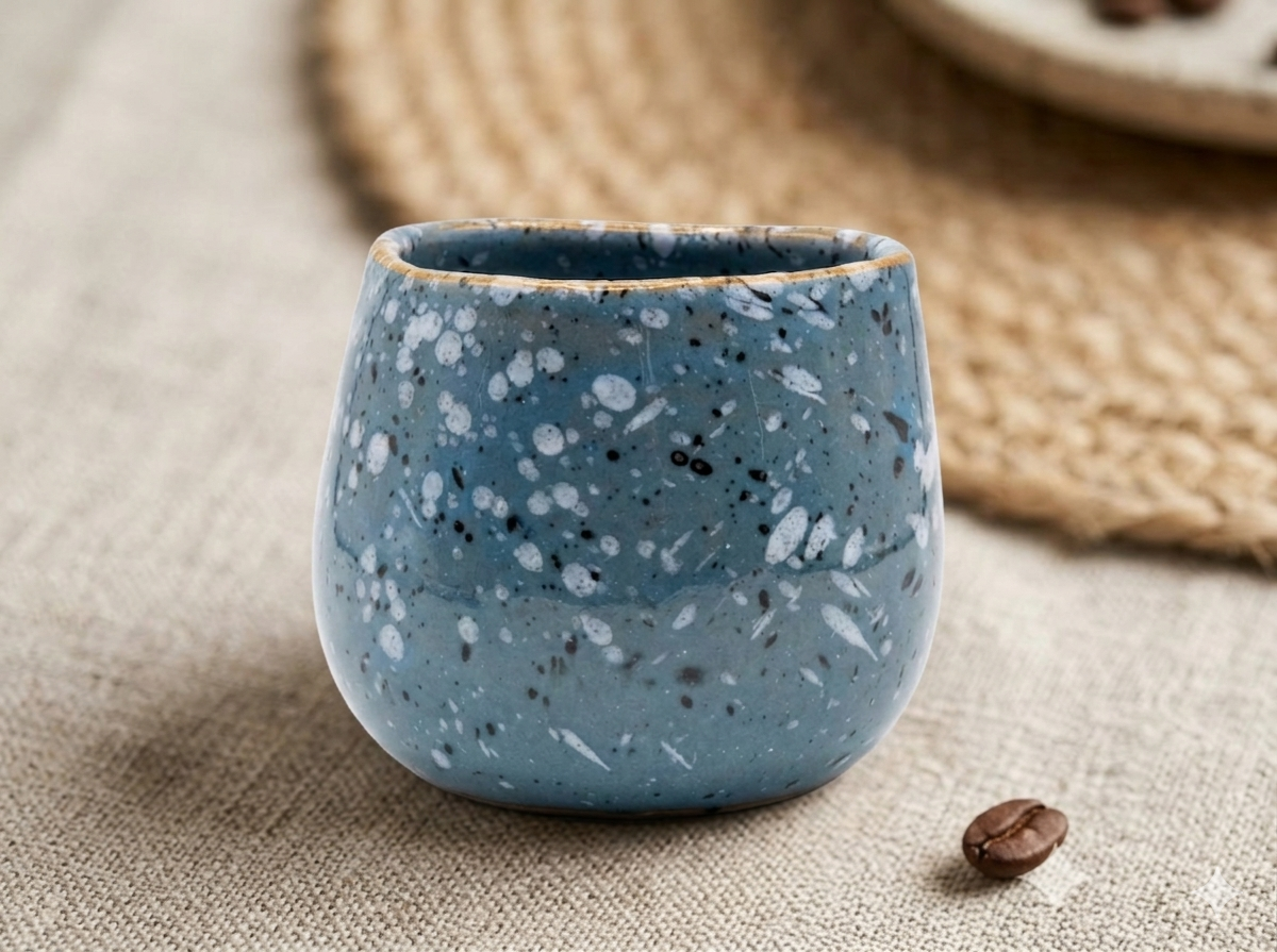Blue speckled ceramic cup on a textured surface with a coffee bean nearby