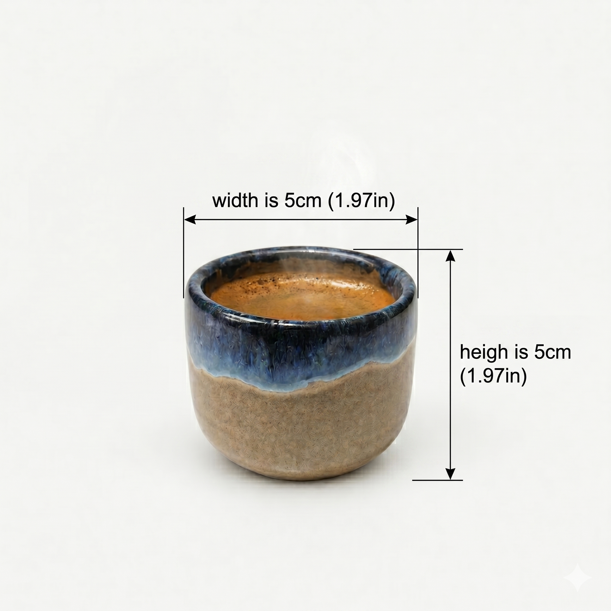 Ceramic cup with dimensions labeled on a white background