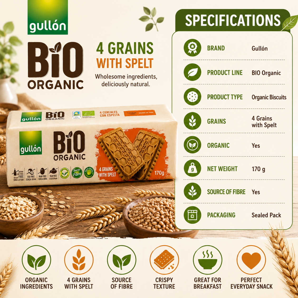 Gullón BIO Organic 4 Grains with Spelt Biscuits – 170 gm