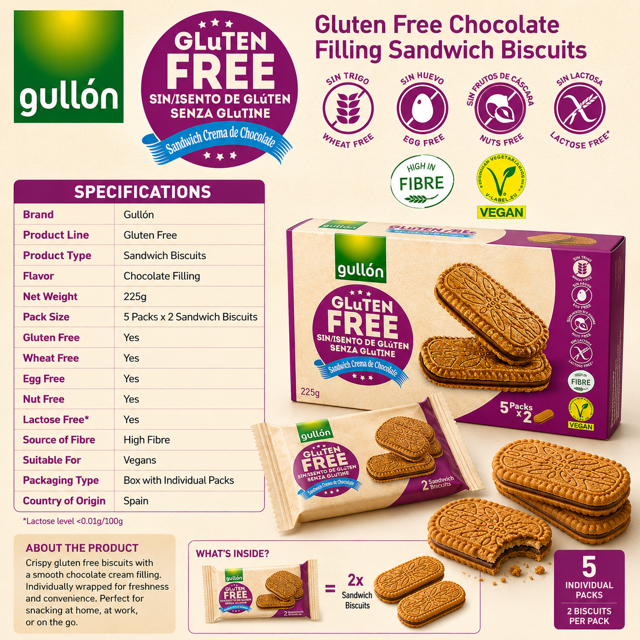 Gullón Gluten Free Chocolate filling Sandwich - 5 Packs - 225 gm