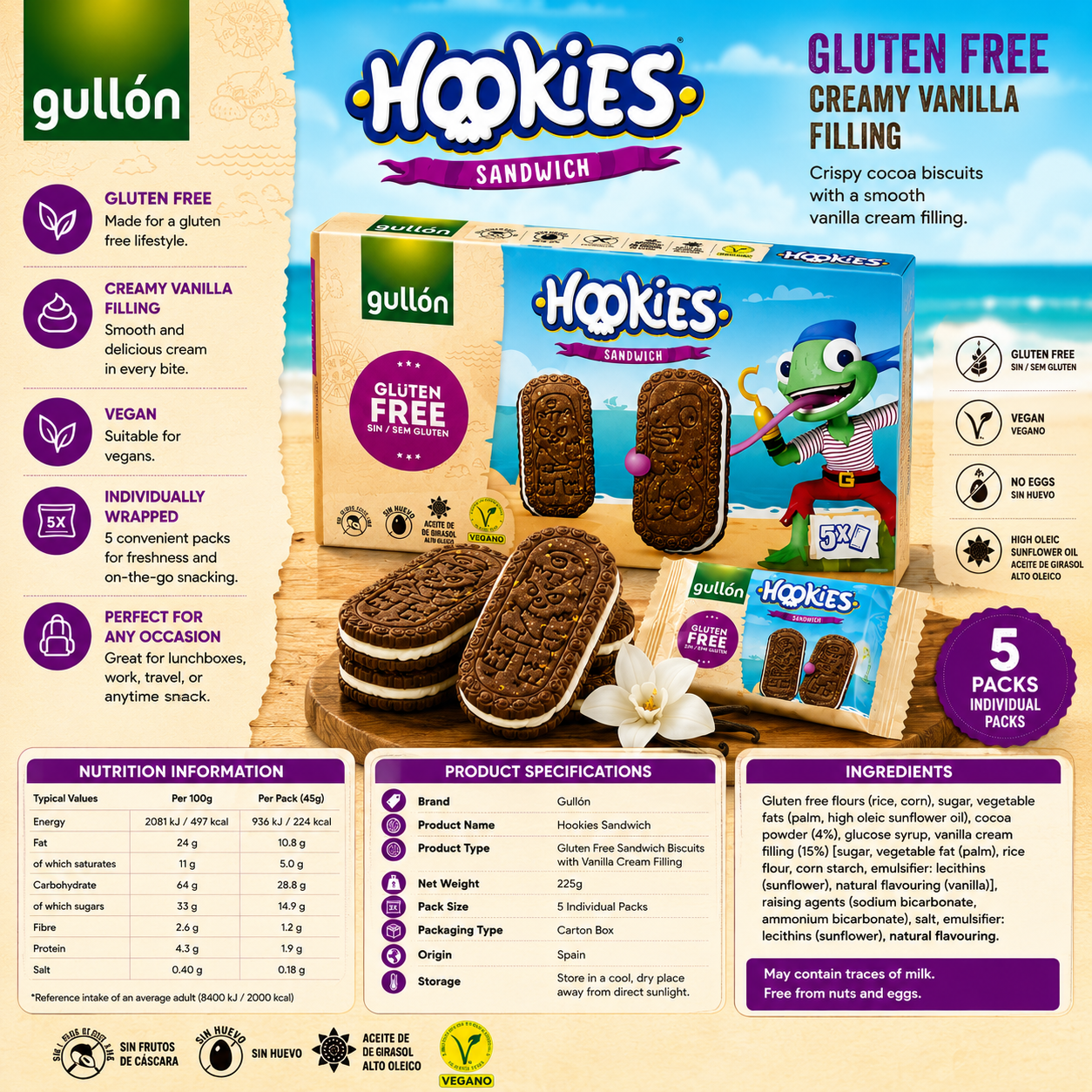 Gullón Gluten Free Creamy Vanilla Filling Sandwich Biscuits – 5 Packs – 225g