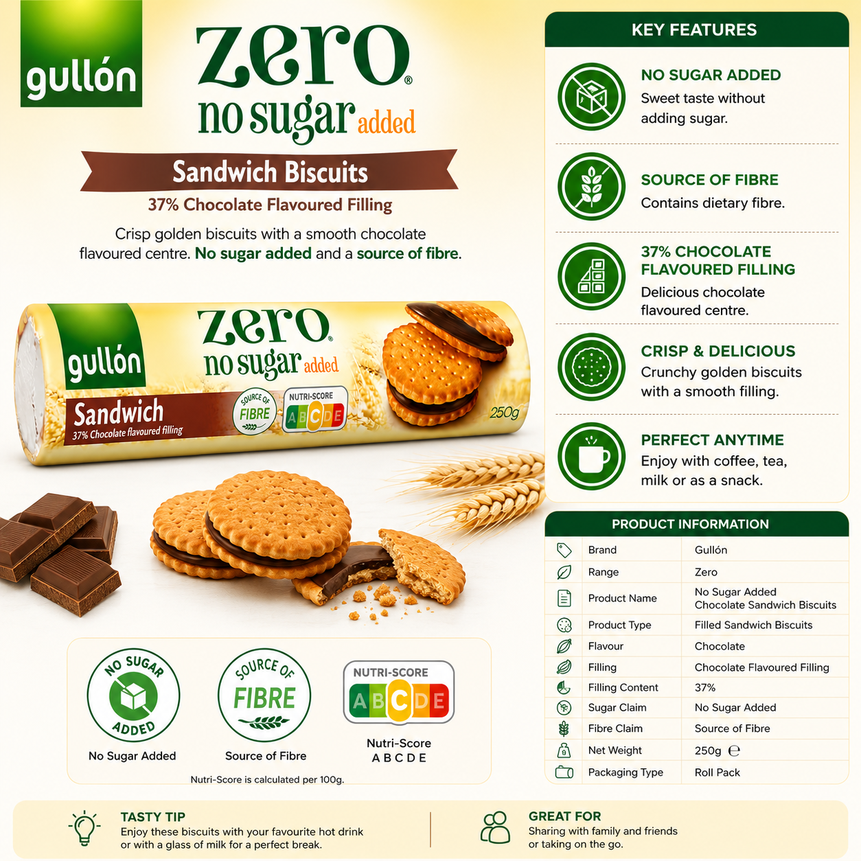 Gullón Zero No Sugar Added Chocolate Sandwich Biscuits – 250  gm
