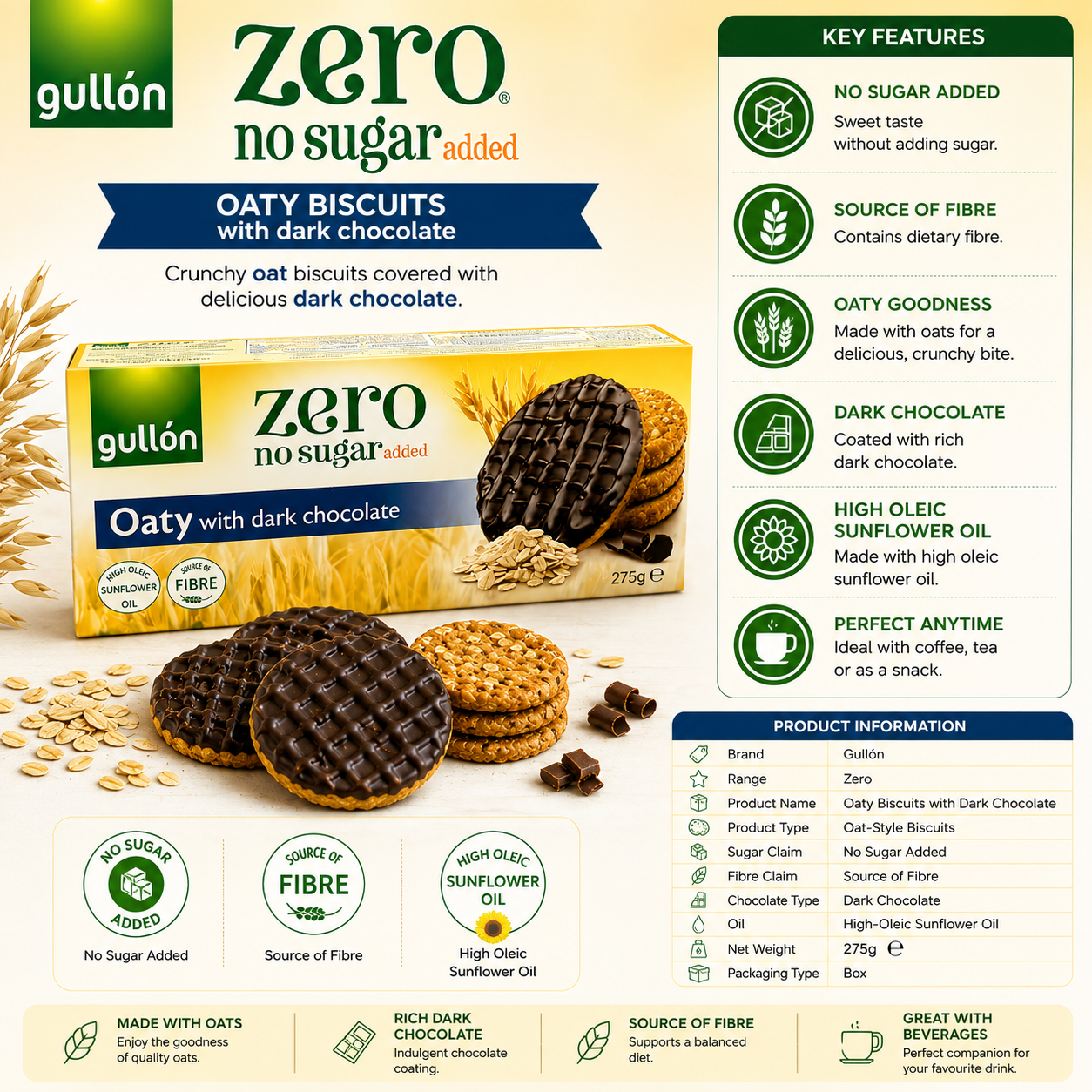 Gullón Zero No Sugar Added Oaty Biscuits with Dark Chocolate – 275 gm