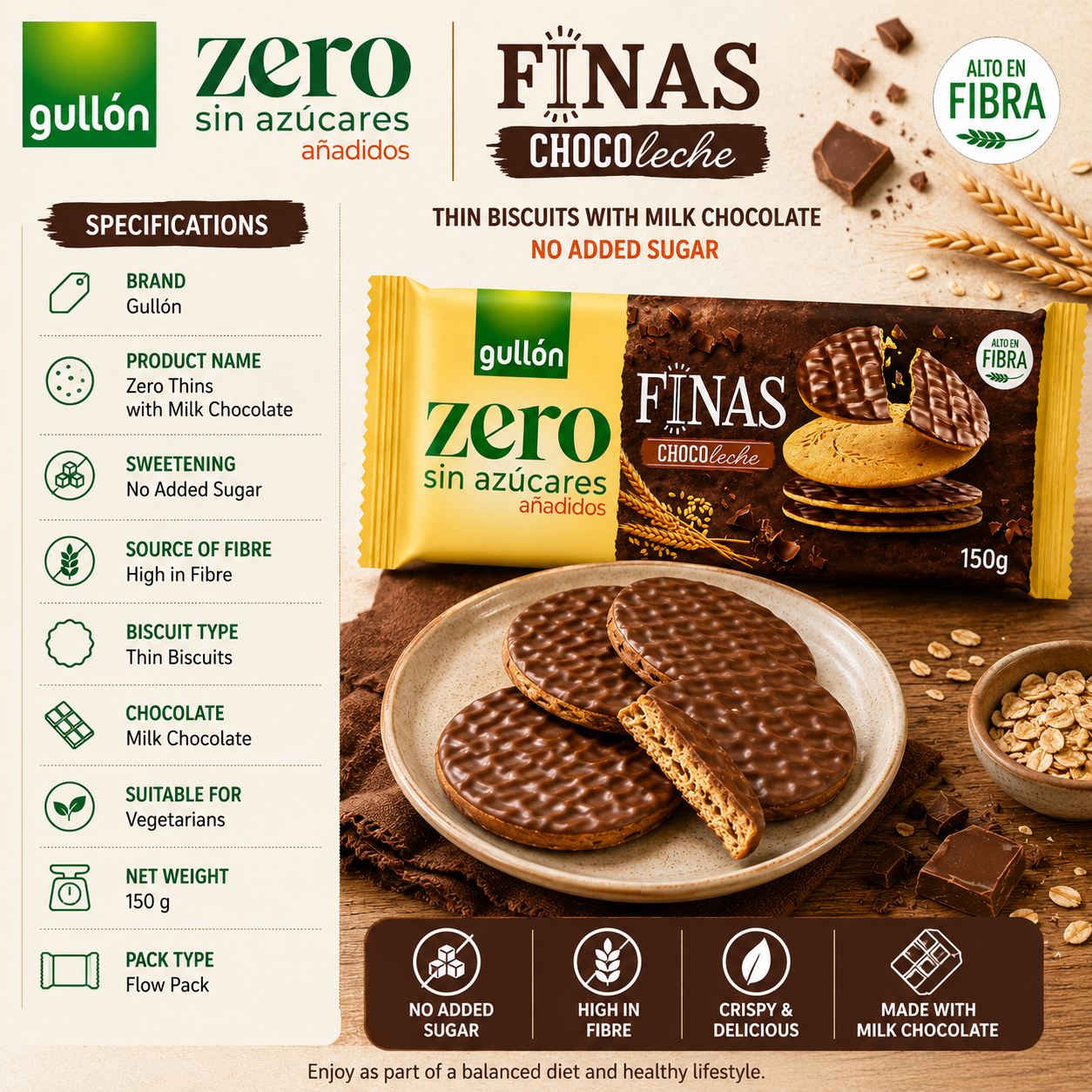 Gullón Zero Thins with Milk Chocolate  -150 gm