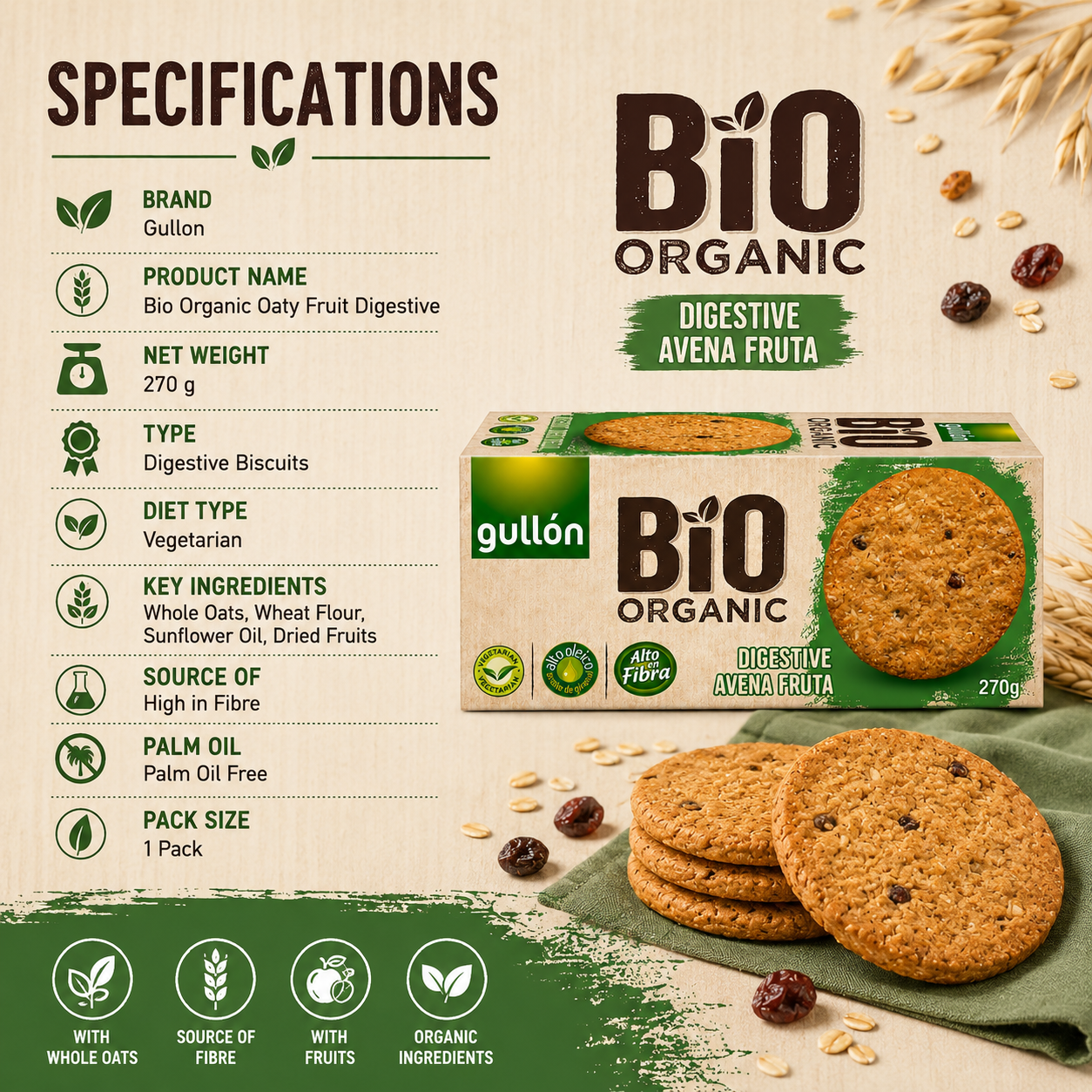 Gullon Bio Organic Oaty Fruit Digestive - 270 gm