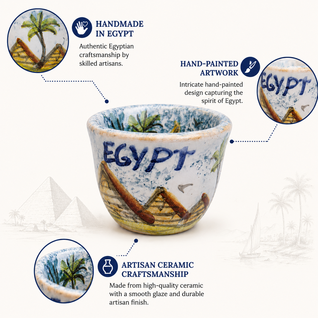 TMH Handmade Egyptian Ceramic Espresso Cup – 60ml – Hand-Painted Pottery Coffee Cup – Egyptian Souvenir