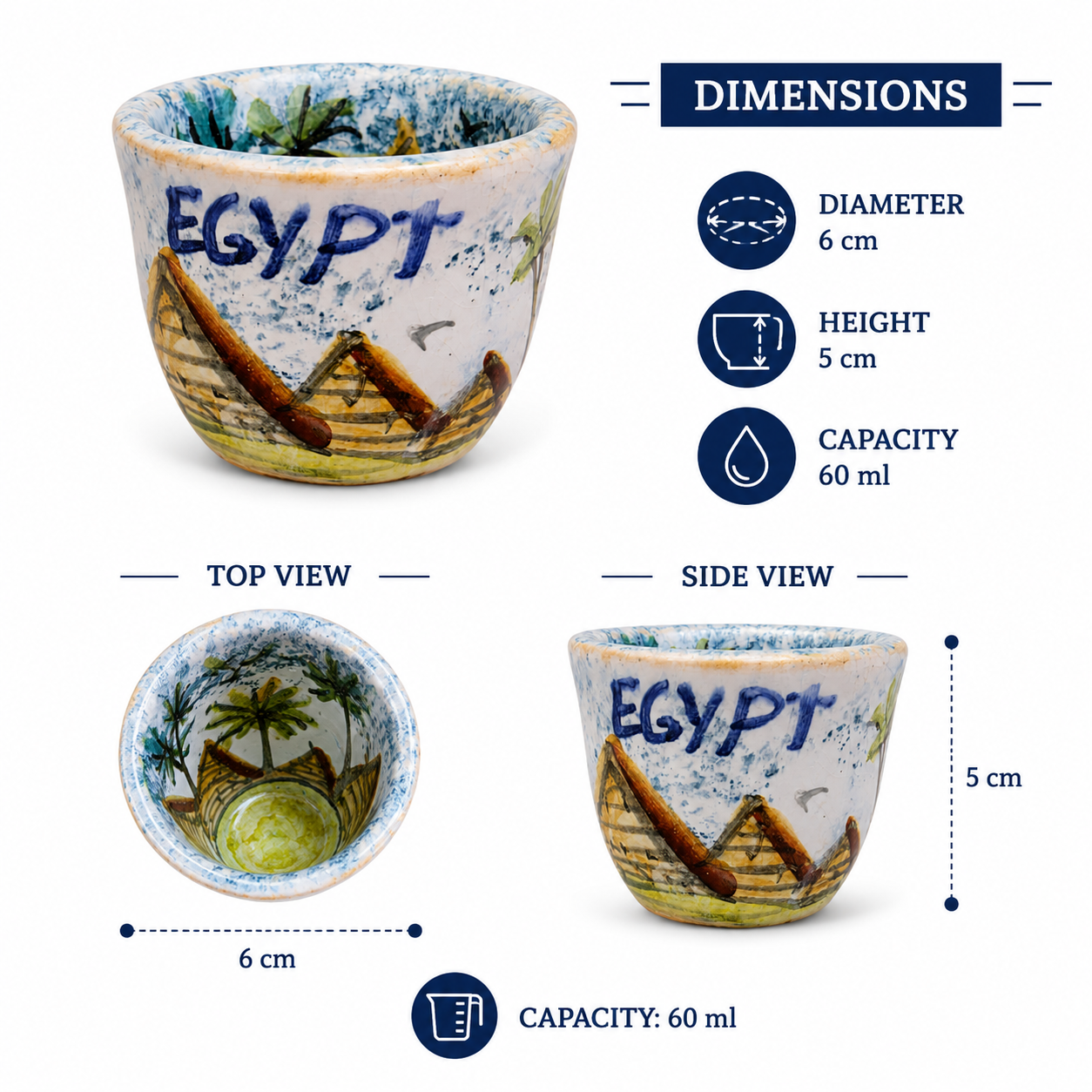 TMH Handmade Egyptian Ceramic Espresso Cup – 60ml – Hand-Painted Pottery Coffee Cup – Egyptian Souvenir