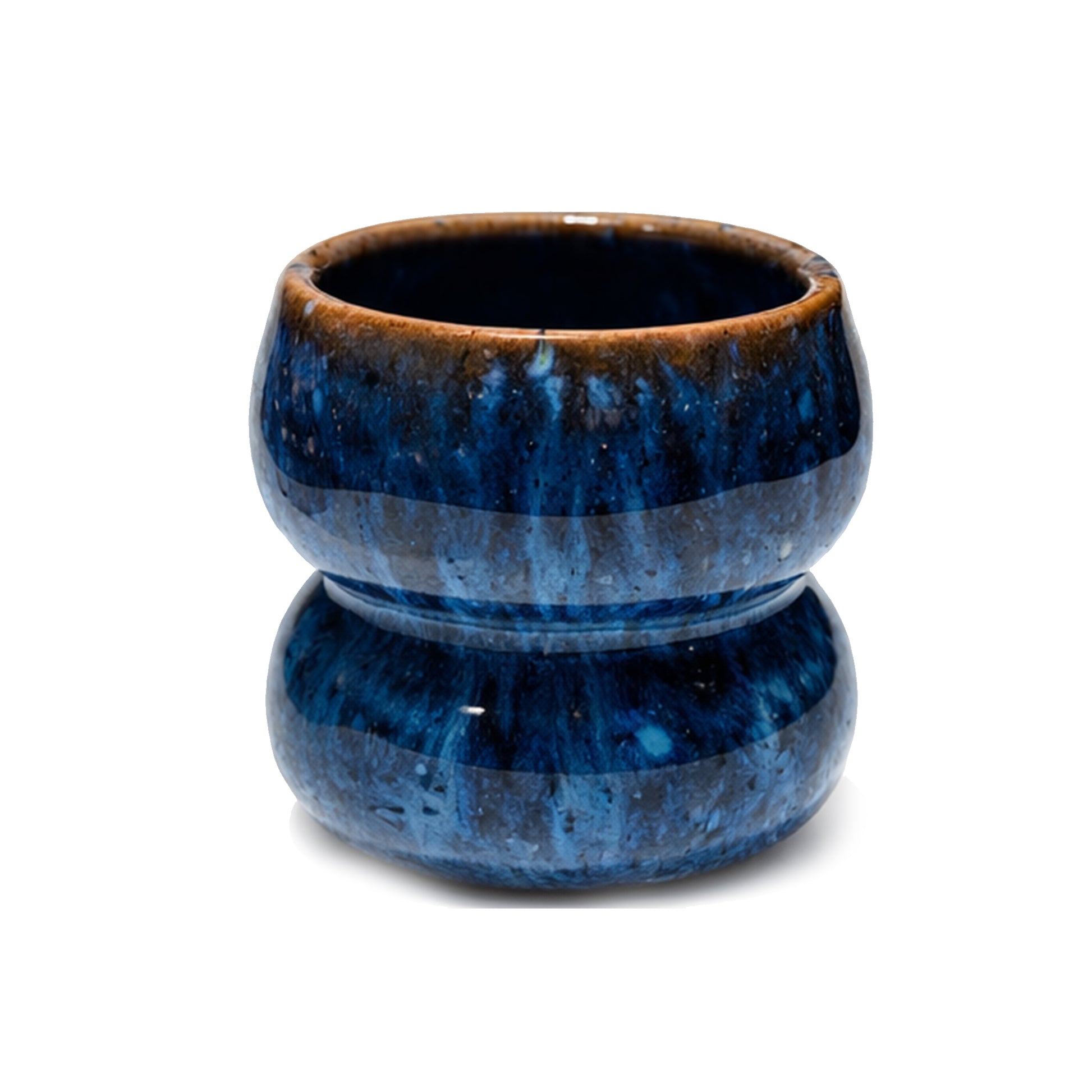 Blue ceramic planter with brown rim on a white background
