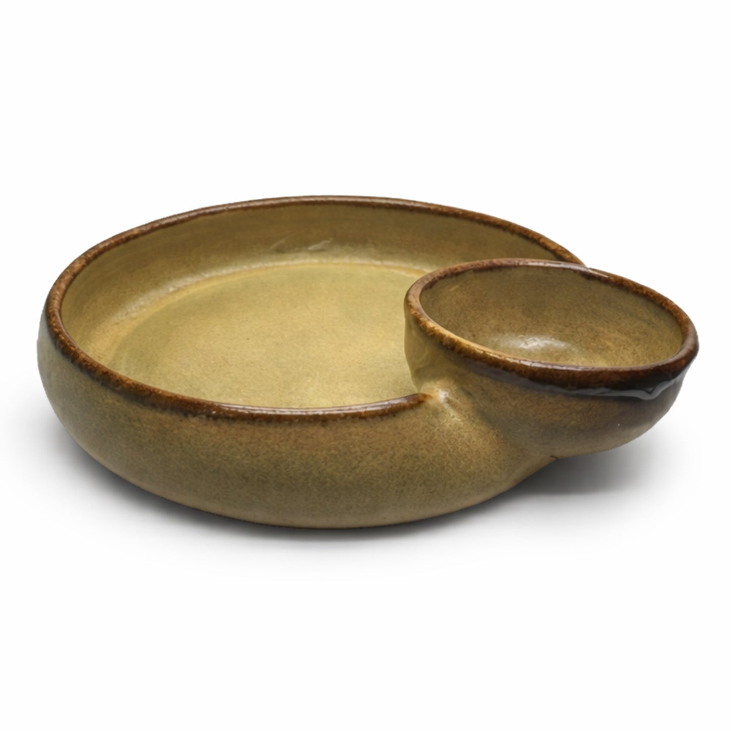 Handmade Ceramic Chips & Dip Bowl – 20 cm Serving Dish with Sauce Cup - Stone Olive
