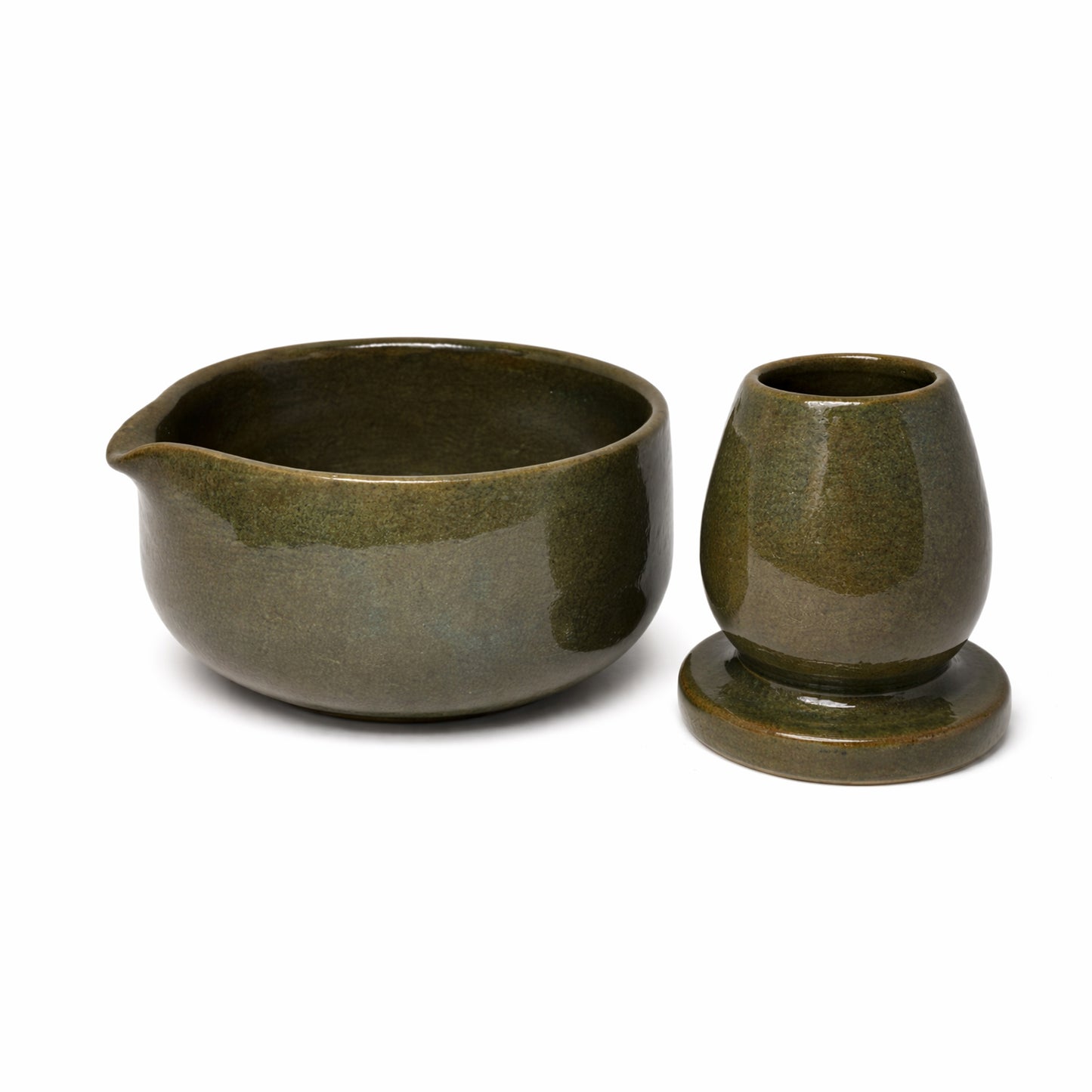 Handmade Matcha Bowl & Whisk Holder Set-Artisan Clay Ceramic-Olive Green