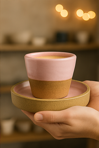TMH Handmade Artisan Ceramic Coffee Cup with saucer -Pink and Sand Brown- 160 ml