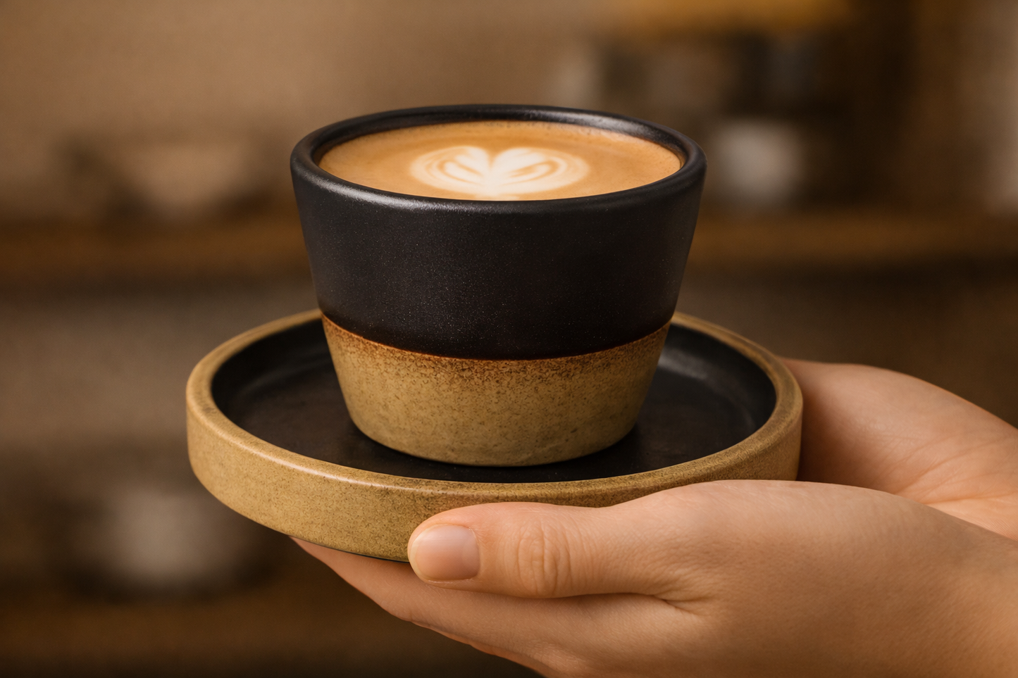 Hand holding a ceramic cup of coffee with latte art on a wooden coaster.