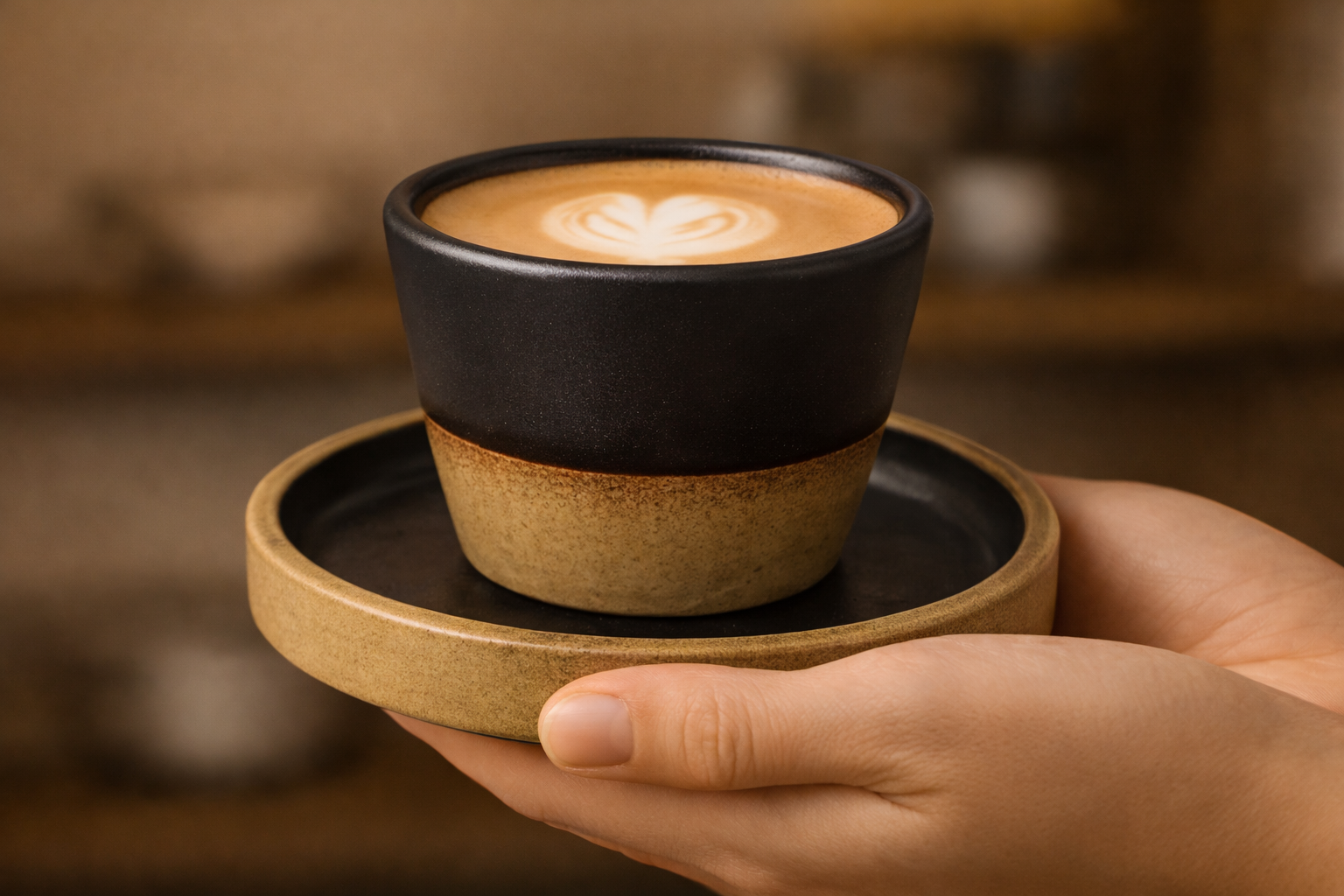 Hand holding a ceramic cup of coffee with latte art on a wooden coaster.
