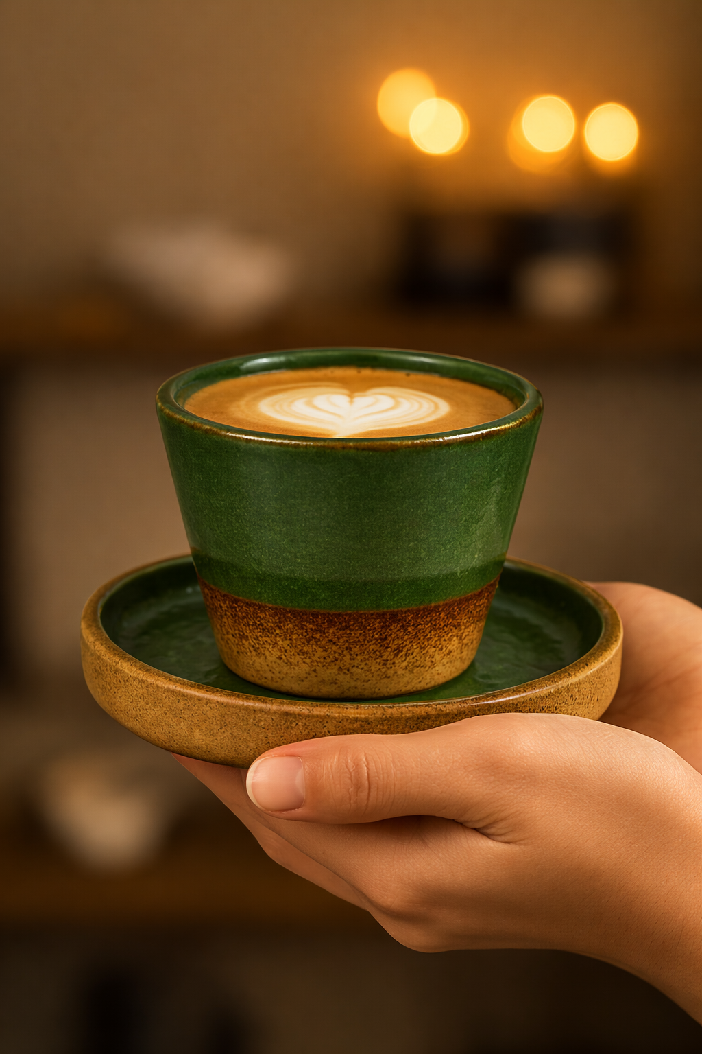 Hand holding a green ceramic cup with a heart-shaped latte art against a warm, blurred background.