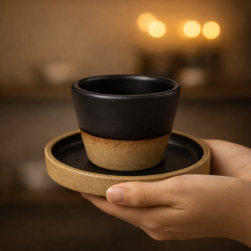 Person holding a black ceramic cup on a wooden tray with a warm, blurred background