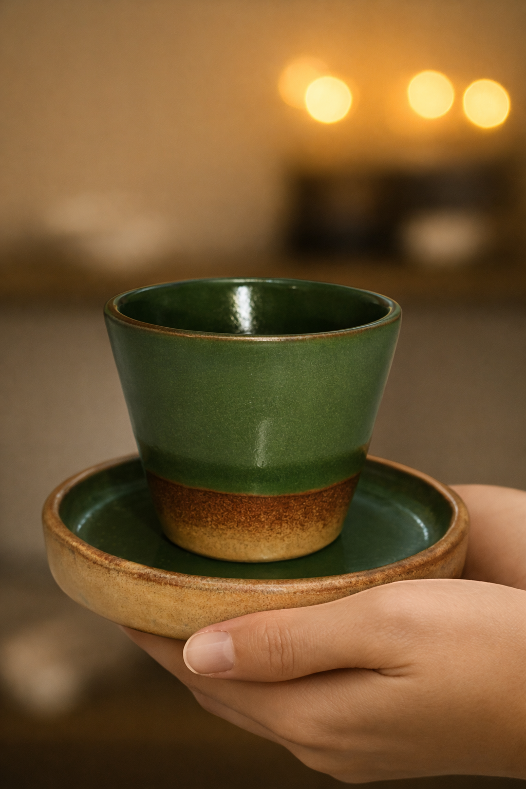 Green ceramic cup and saucer held by a hand with a warm, blurred background