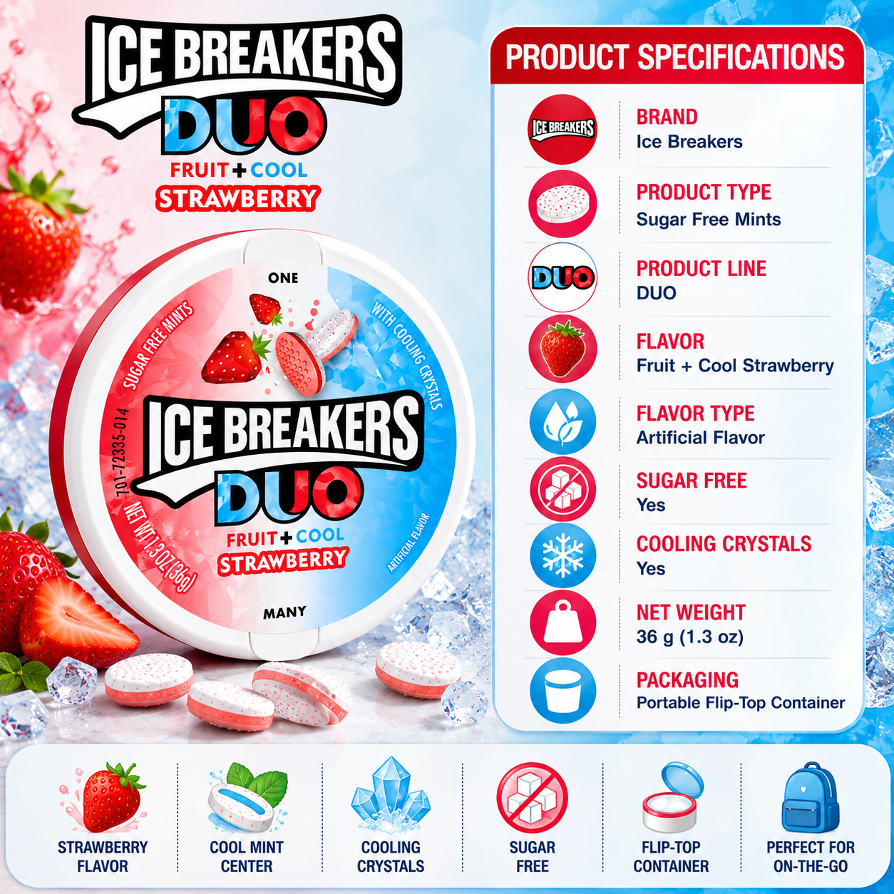 Ice Breakers DUO Fruit + Cool Strawberry Sugar Free Mints – 36 gm