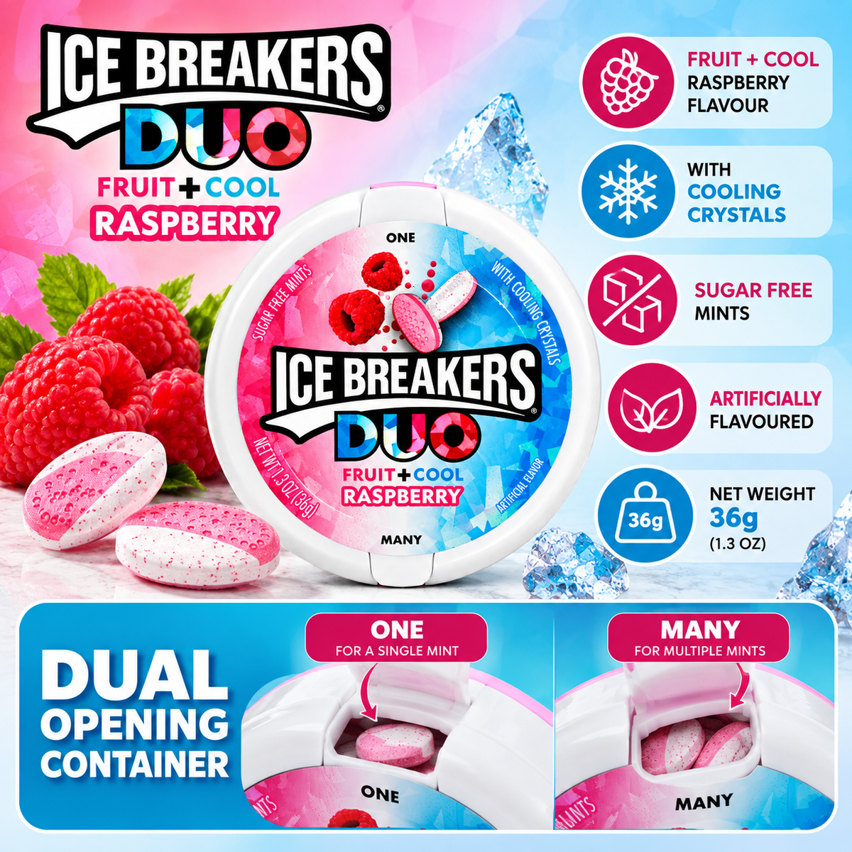 Ice Breakers Duo Raspberry Sufgar free mints - 36 gm
