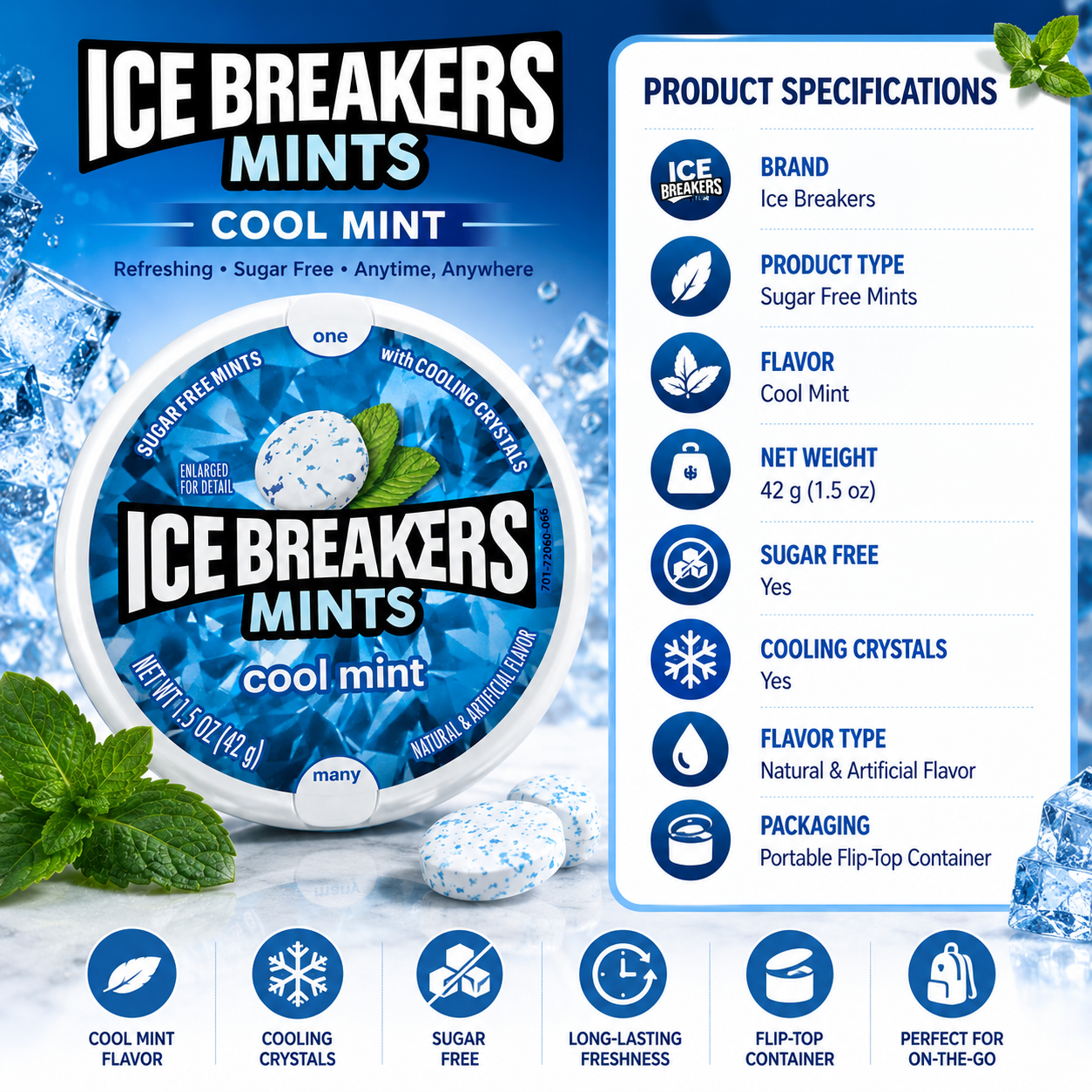 Ice Breakers Mints Cool Mint – Sugar Free Mints - 42 gm