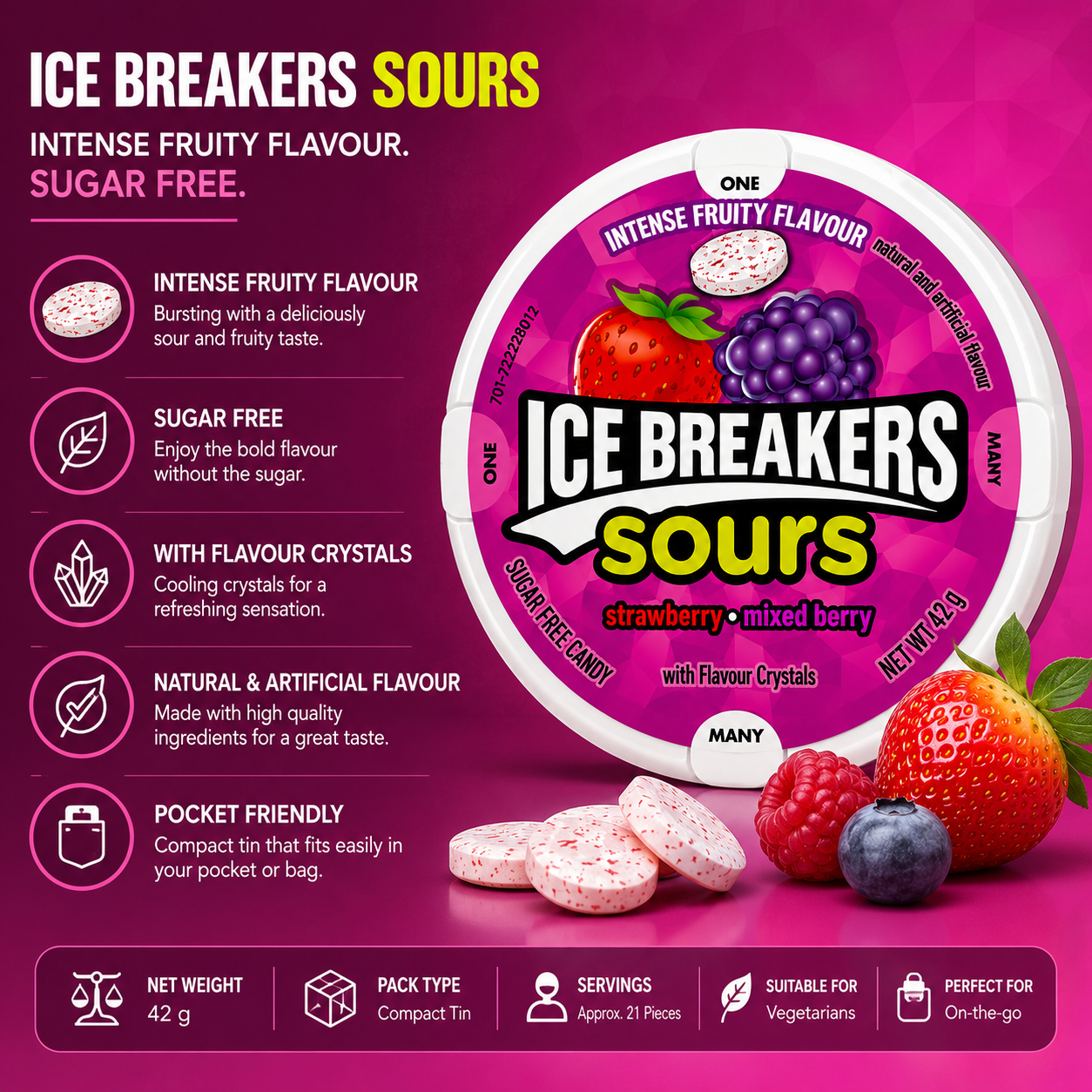 Ice Breakers Sours Sugar Free Candy – Strawberry Mixed Berry – 42 gm