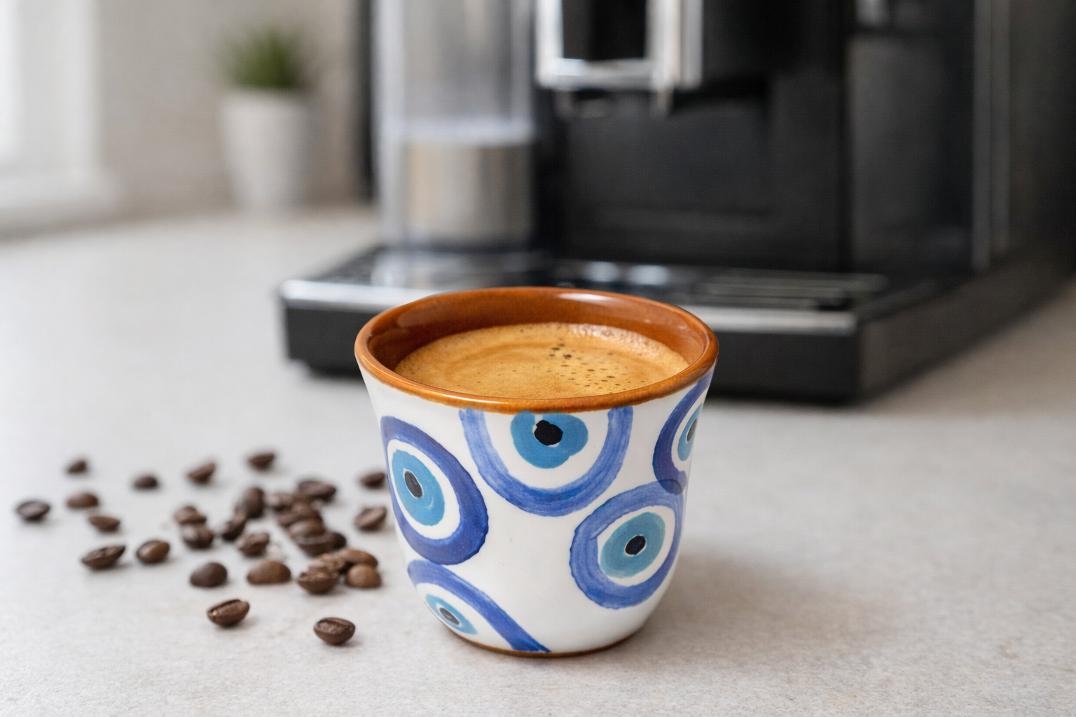 Ceramic cup with blue evil eye design filled with coffee, surrounded by coffee beans on a kitchen counter.