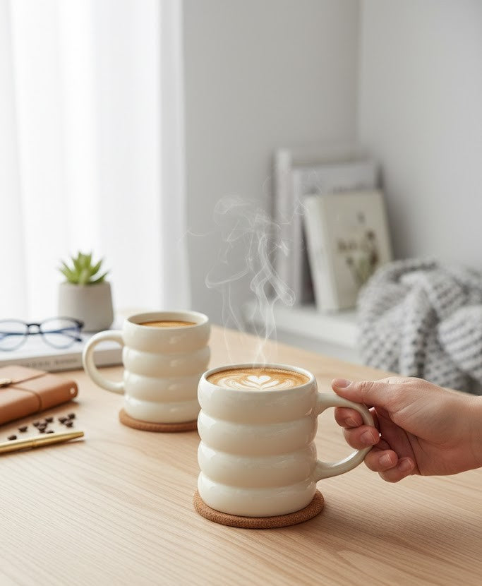 Person holding a steaming mug of coffee on a wooden table with another mug and coffee beans in the background.
