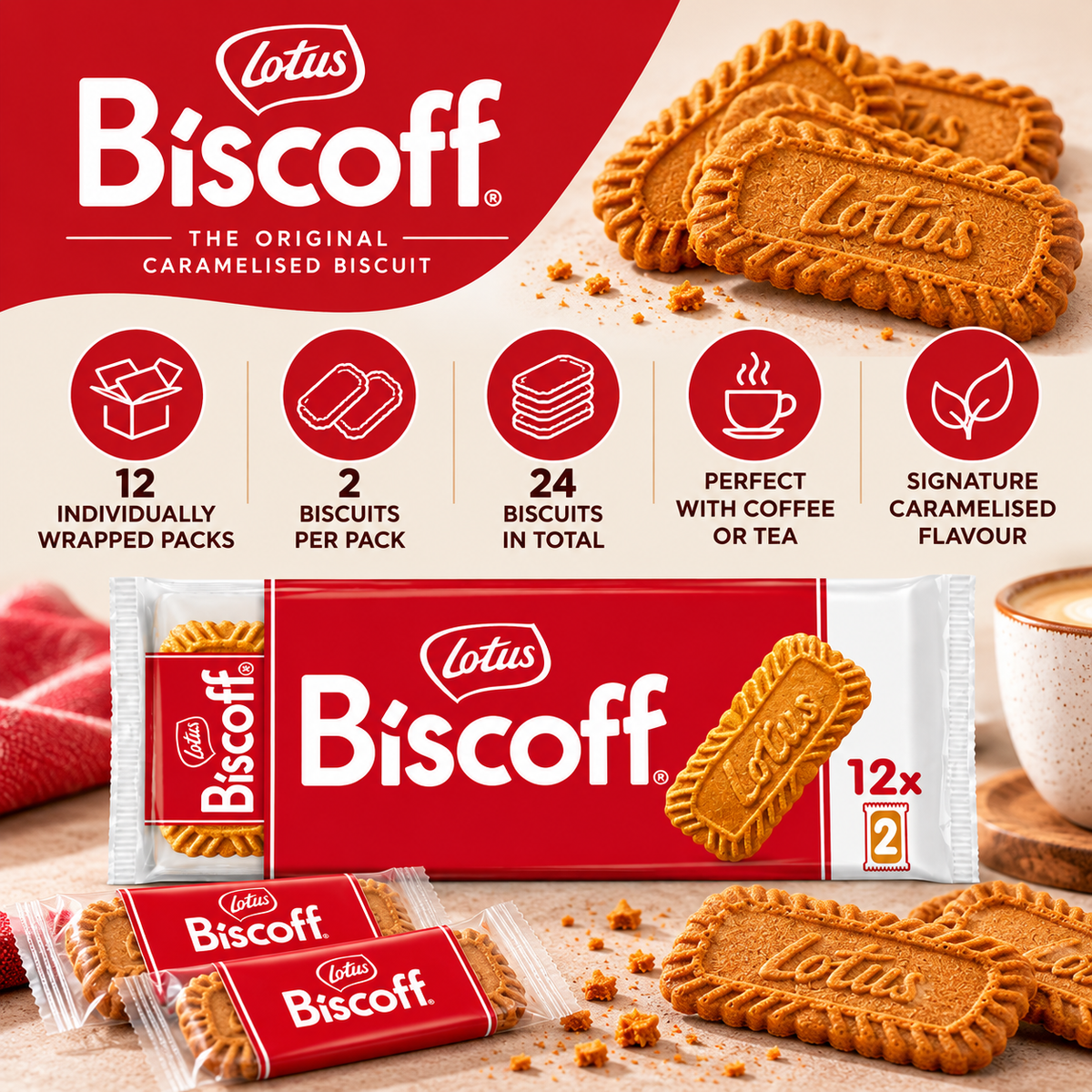 Lotus Biscoff Original Biscuits – 12 Packs × 2 (24 Biscuits) - 186 gm