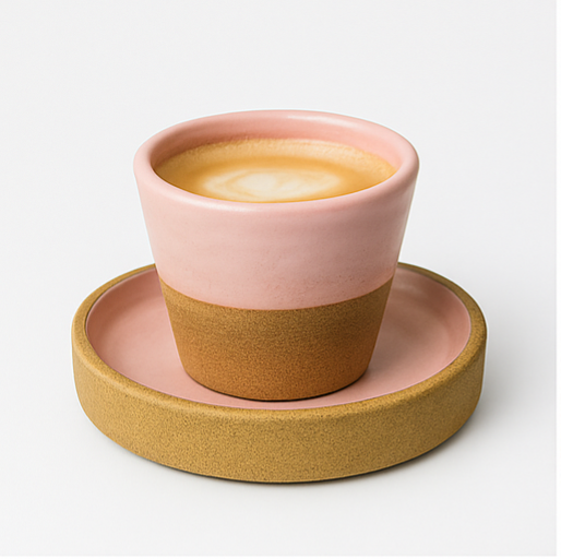 TMH Handmade Artisan Ceramic Coffee Cup with saucer -Pink and Sand Brown- 160 ml