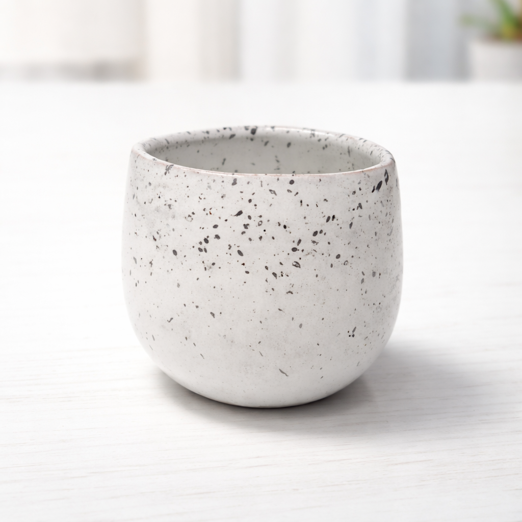 Speckled gray ceramic cup on a white surface with a blurred background
