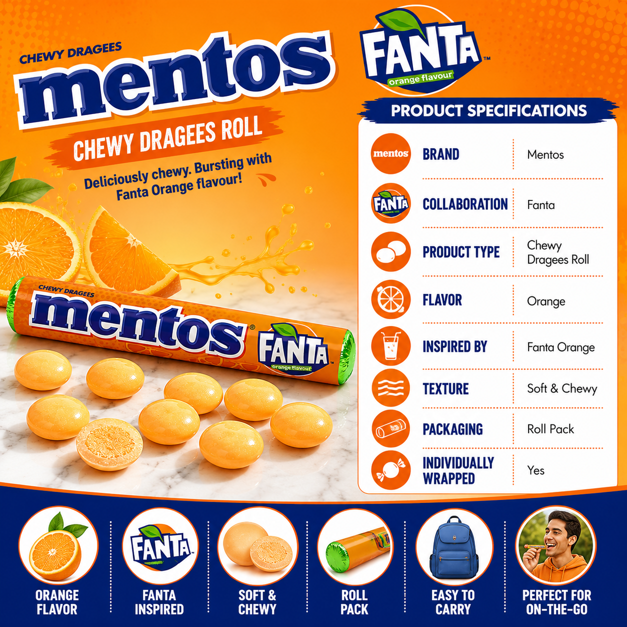 Mentos Fanta Orange Dragees Roll Candy - 37.5 gm
