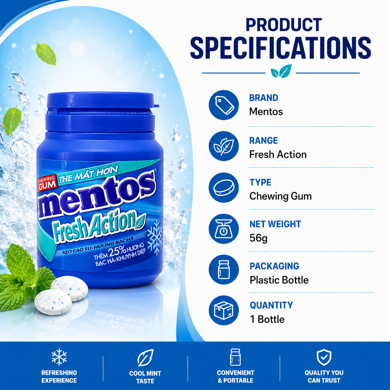 Mentos Fresh Action Chewing Gum Jar -40 Pieces - 56 gm