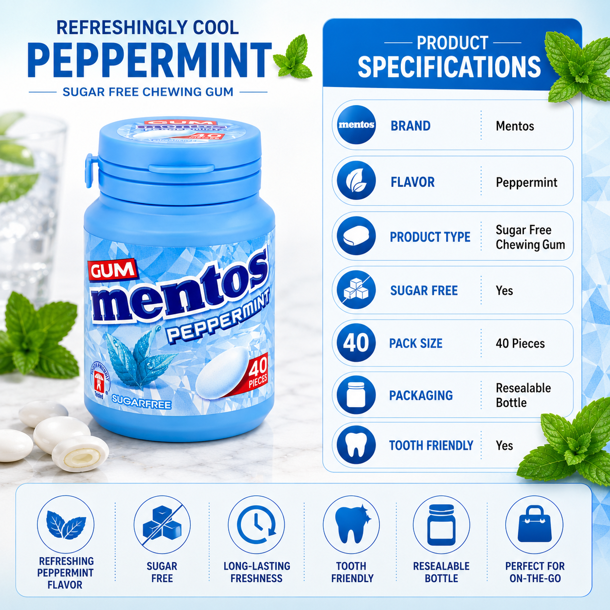 Mentos Peppermint Sugar Free Chewing Gum – 40 Pieces - 56 gm
