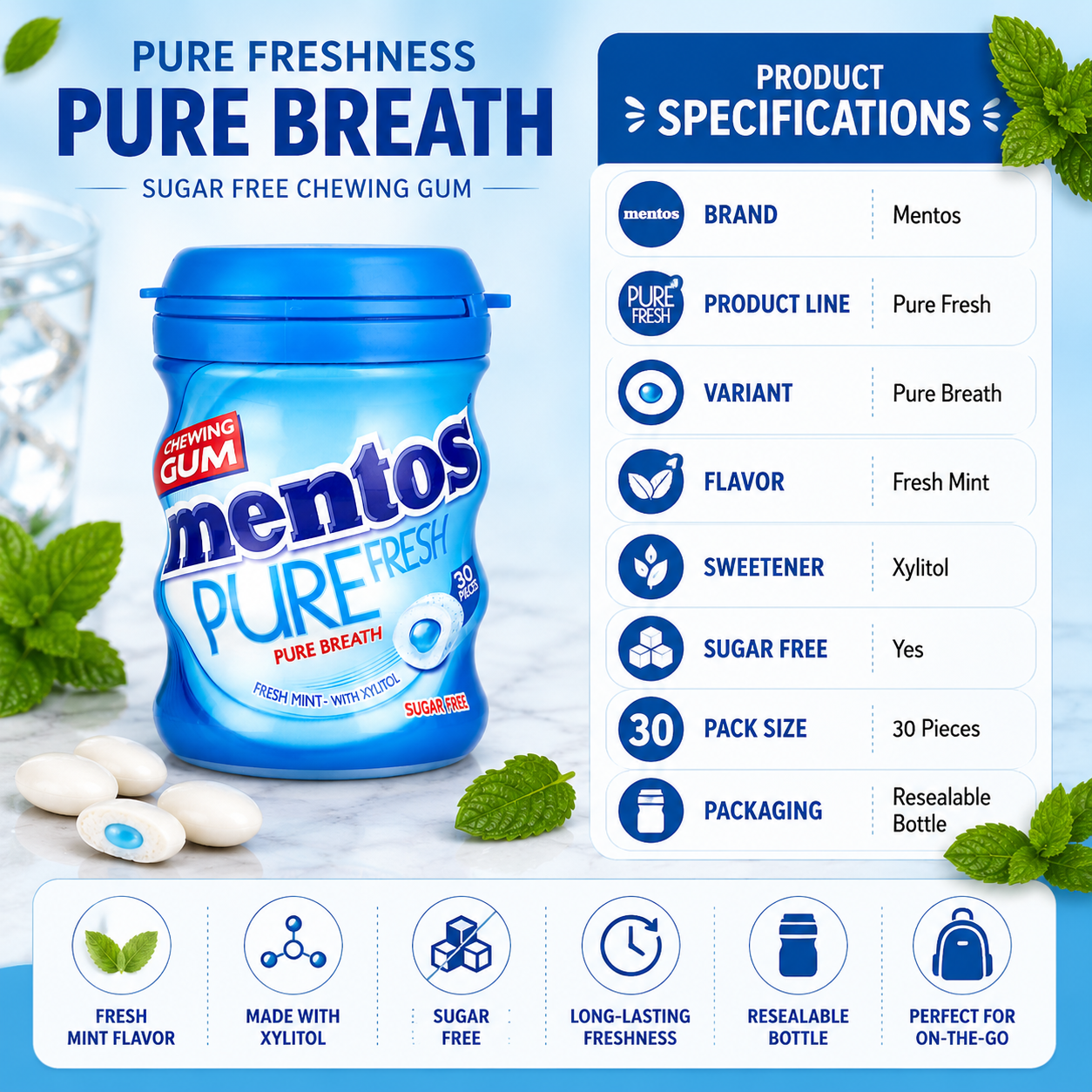 Mentos Pure Fresh Pure Breath Sugar Free Chewing Gum – 30 Pieces - 60 gm
