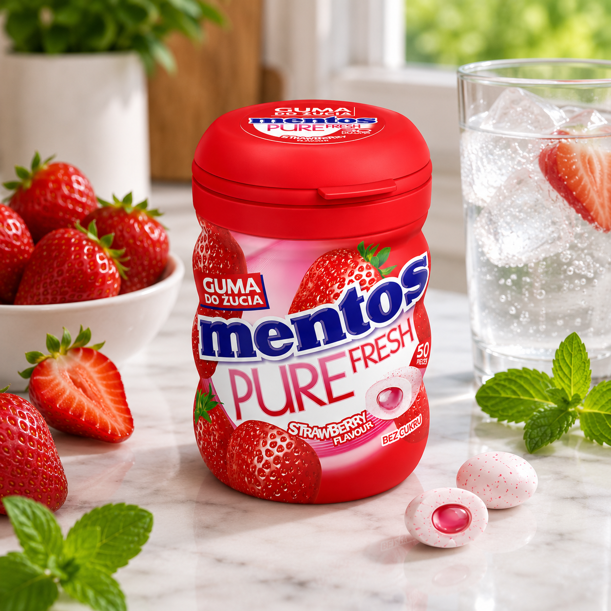 Mentos Pure Fresh Strawberry Sugar Free Chewing Gum – 50 Pieces - 61.5 gm