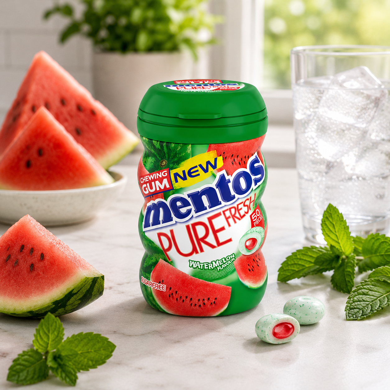 Mentos Pure Fresh Watermelon Flavor Sugar Free Chewing Gum -50 Pieces - 61.5 gm