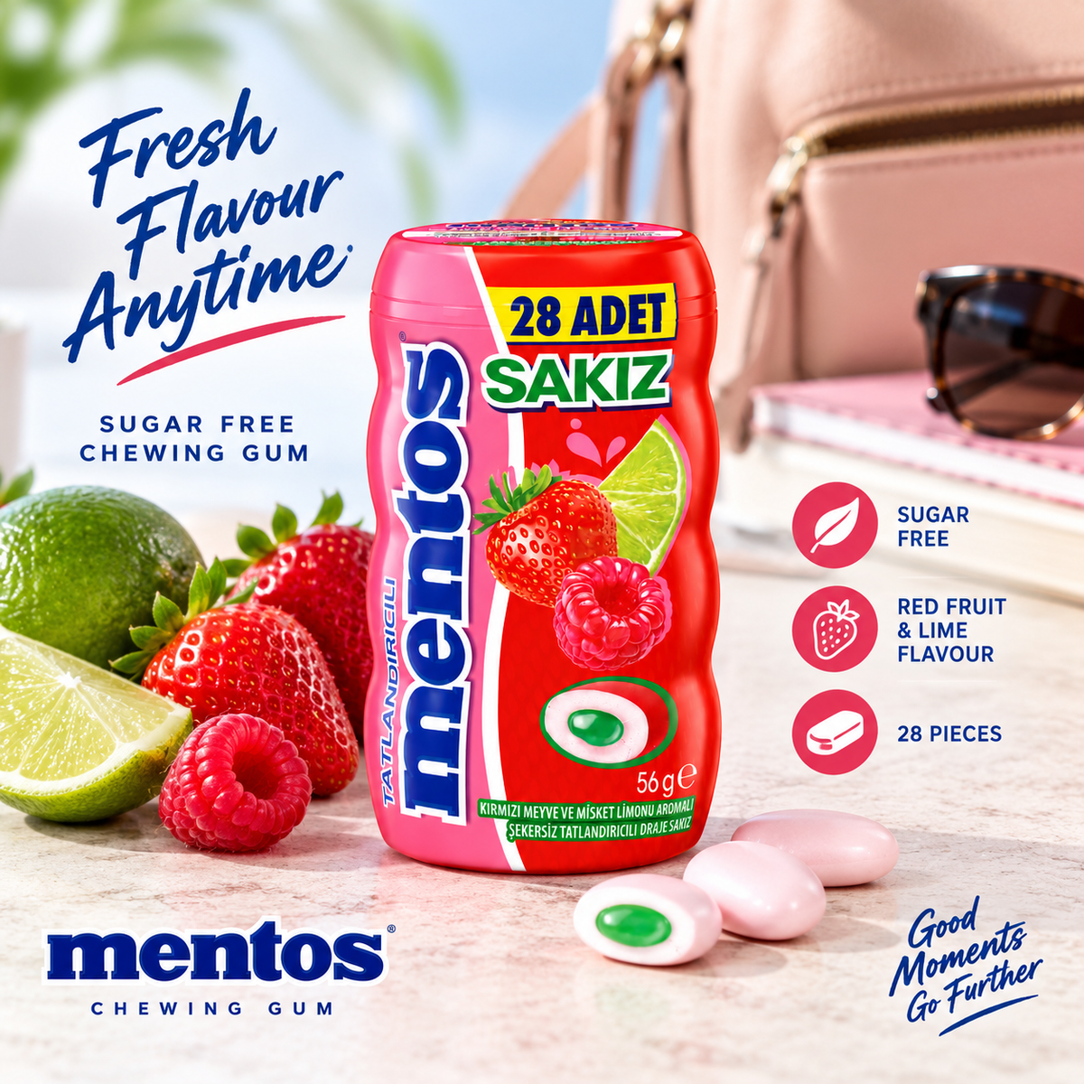 Mentos SAKIZ Sugar-Free Red Fruit & Lime Chewing Gum – 28 Pieces -56 gm