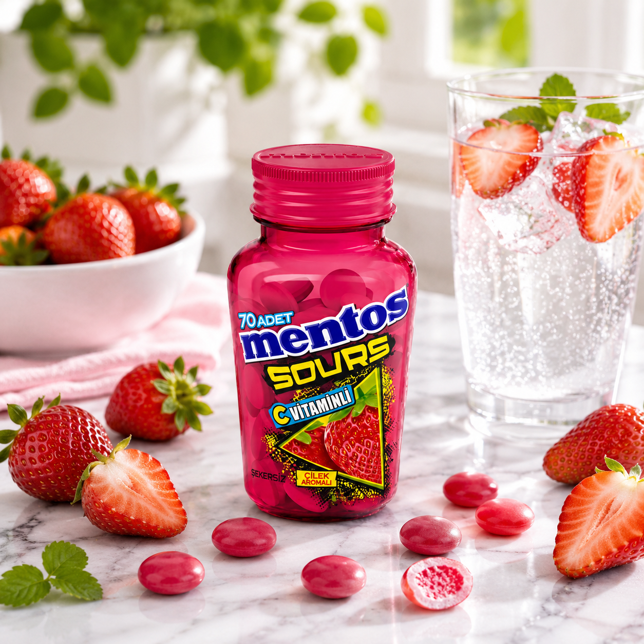 Mentos Sours Vitamin C Strawberry Flavor Sugar Free Candy – 70 Pieces - 49 gm