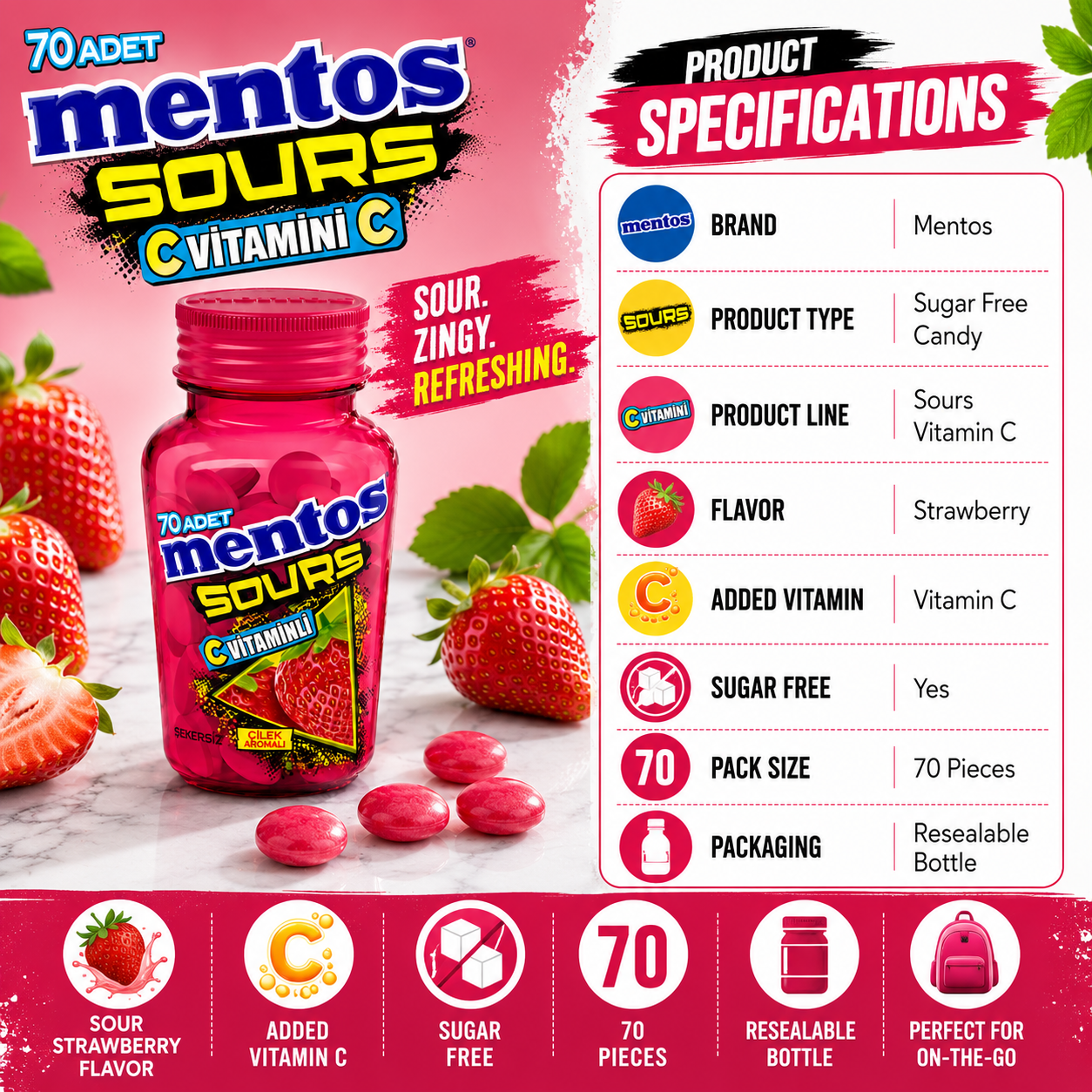 Mentos Sours Vitamin C Strawberry Flavor Sugar Free Candy – 70 Pieces - 49 gm