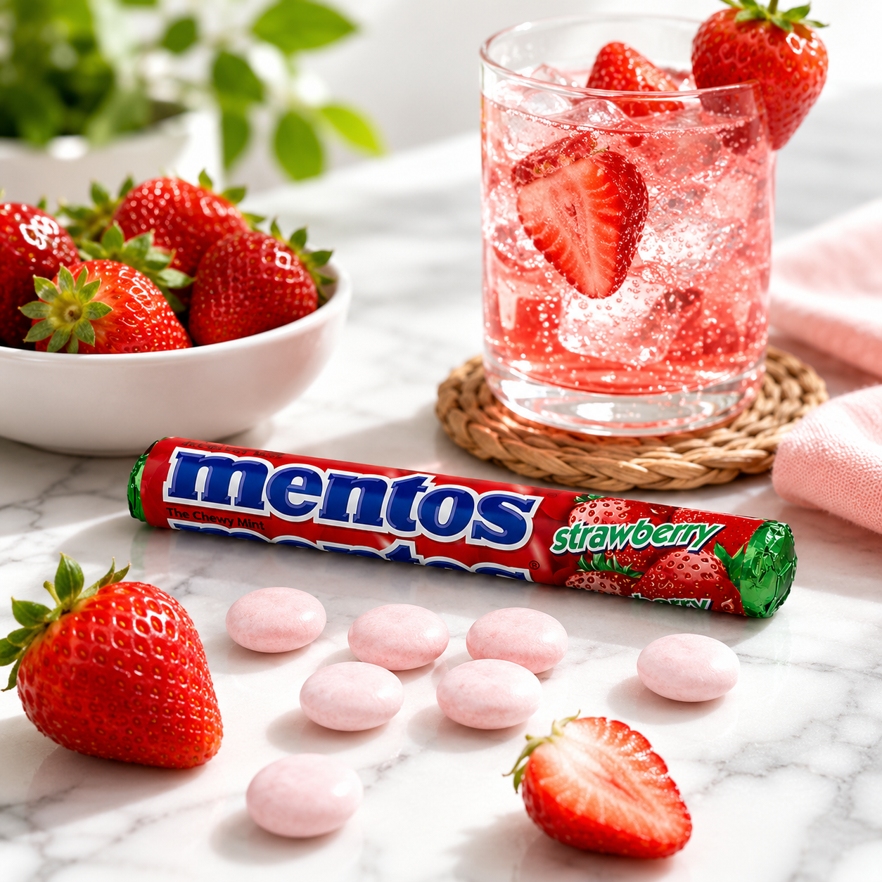 Mentos Strawberry Dragees Roll Candy - 37.5 gm