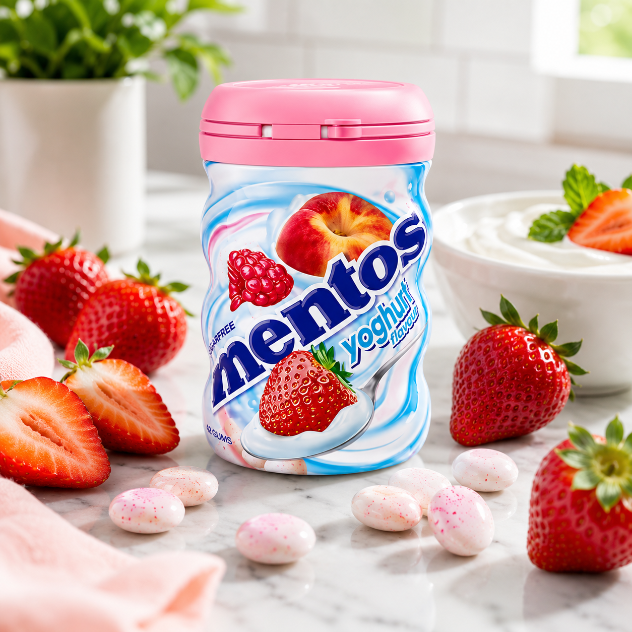 Mentos Yoghurt Strawberry Chewing Gum - Sugar Free - 90 gm