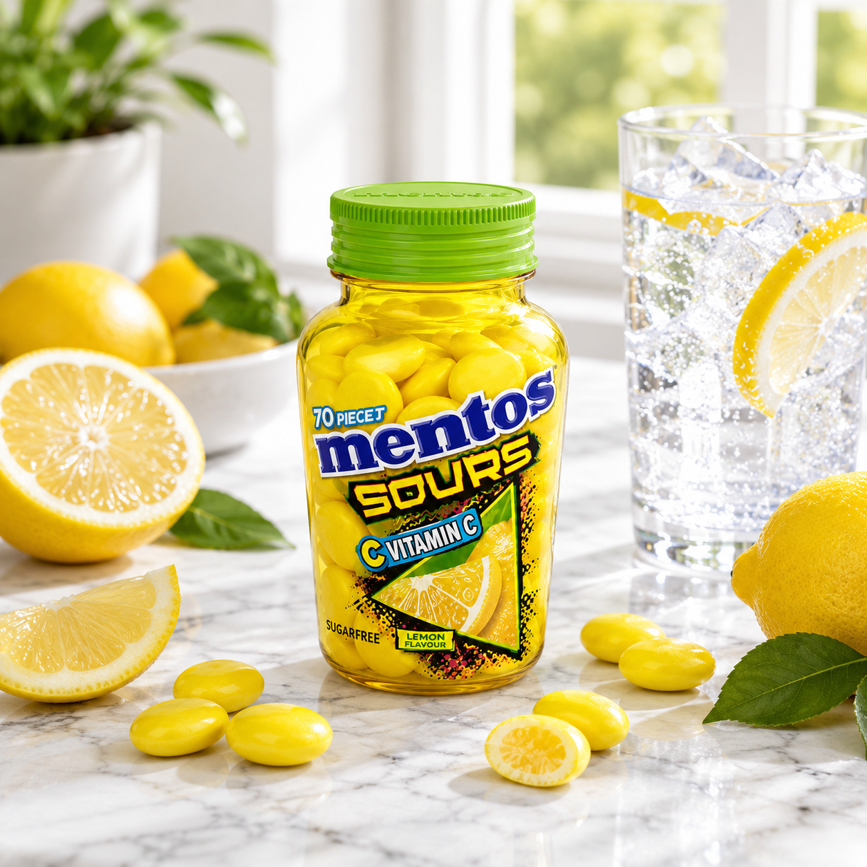Mentos Sours Vitamin C Lemon Flavor Sugar Free Candy – 70 Pieces- 49 gm